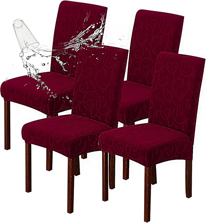 Genina Waterproof Dining Room Chair Covers Stretch Parsons Chair Slipcovers for Dining Room Kitchen Chair Protector Cover, Removable, Washable (4, Flower Pattern-Wine Red)