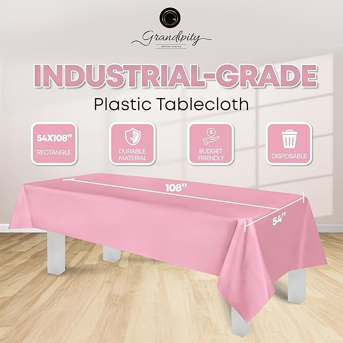 Grandipity 12 Pack Premium Disposable Plastic Tablecloth 54 Inch. x 108 Inch. Decorative Rectangle Table Cover - Pink