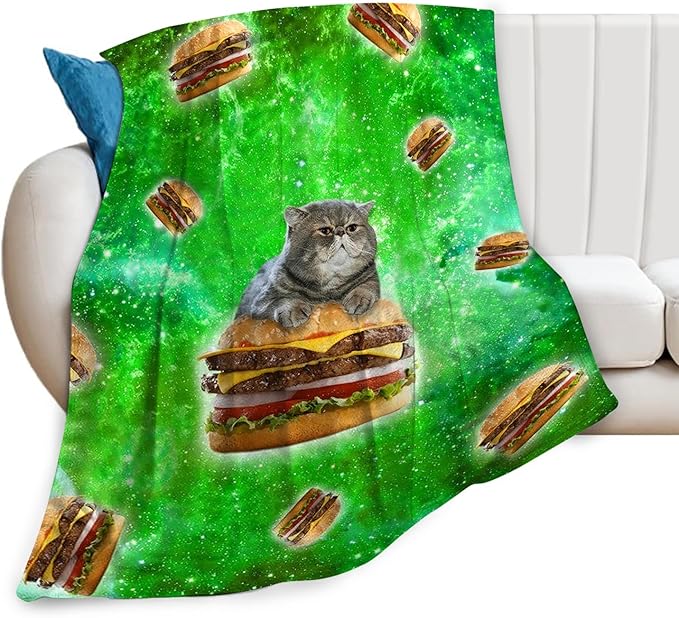 Tijuboni Hamburger Cat Throw Blanket Funny Cat Gifts for Girls Boys Women Men Kids Adults Soft Flannel Fleece Blanket for Couch Sofa Bed Home Decor 40"x50"