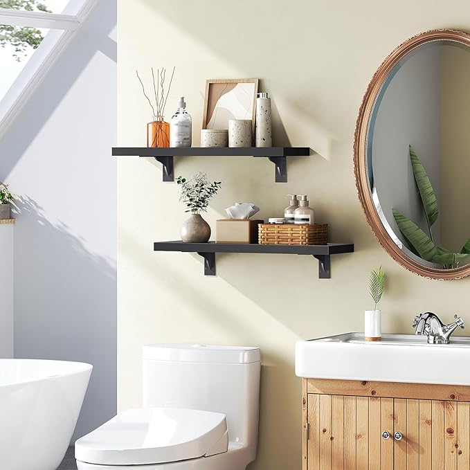 HOOBRO Floating Shelves for Wall, 15.4" Wall Mounted Shelves Set of 2, Hanging Storage Shelf with Metal Brackets, Wooden Shelf for Living Room, Bedroom, Bathroom, Black BK42BJP201G1
