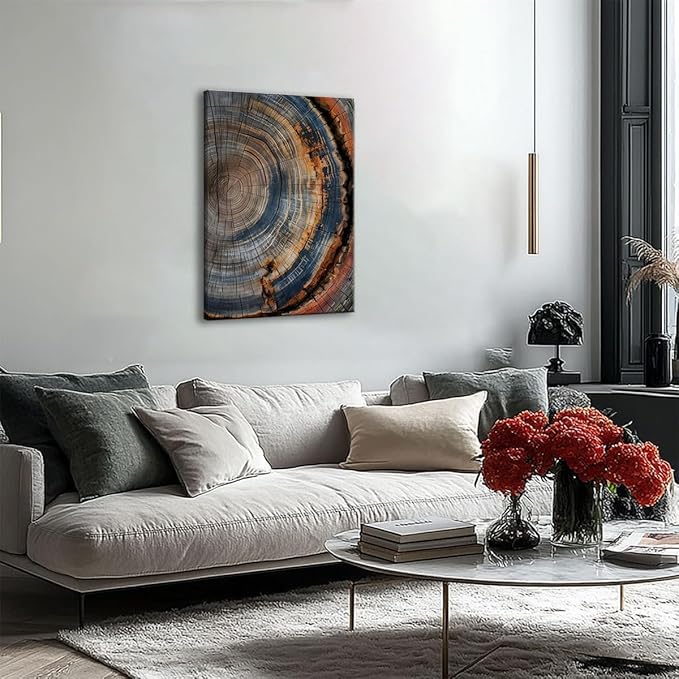 IBHJSART Framed Tree Ring Canvas Wall Art Vintage Colorful Wood Stump Painting Prints Modern Minimalist Pictures Neutral Nature Rustic Farmhouse Decor Living Room Bedroom Bathroom Office
