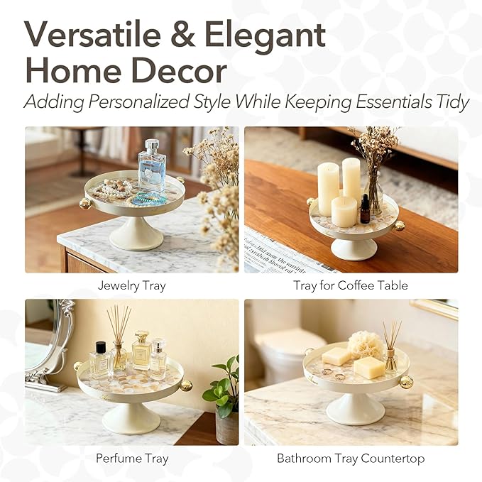 DIY Decorative Serving Tray Craft Kit with Natural Shells & Epoxy Resin, Round Metal Tray for Vanity, Bathroom or Coffee Table, Perfect for Key, Trinket and Perfume Organizer (White)