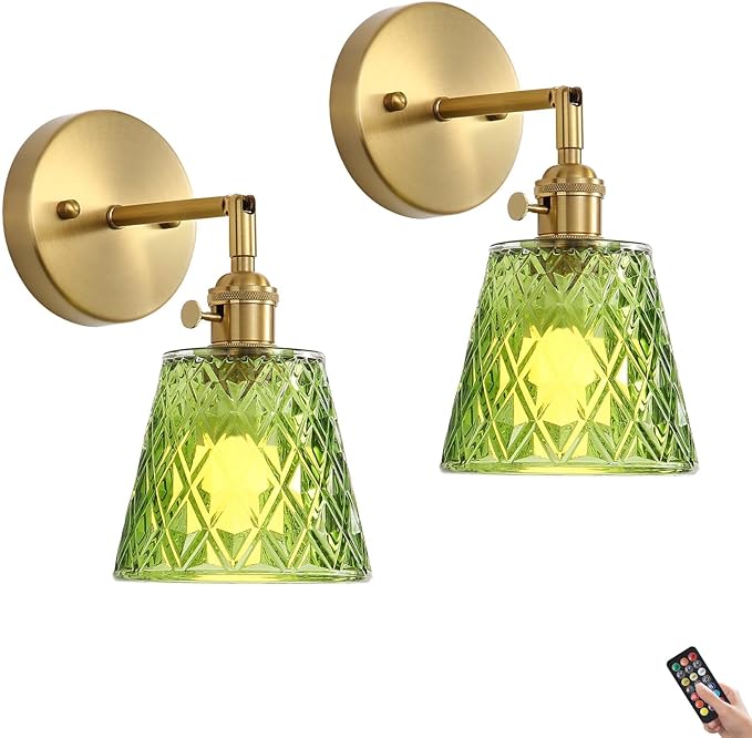 2 Pack Vintage Battery Operated Wall Sconces, Flower Green Lampshade & 180 Degree Adjustable, Wireless Rechargeable RGB Wall Light with Remote Control, for Bedroom Living Room Hallway Aisle