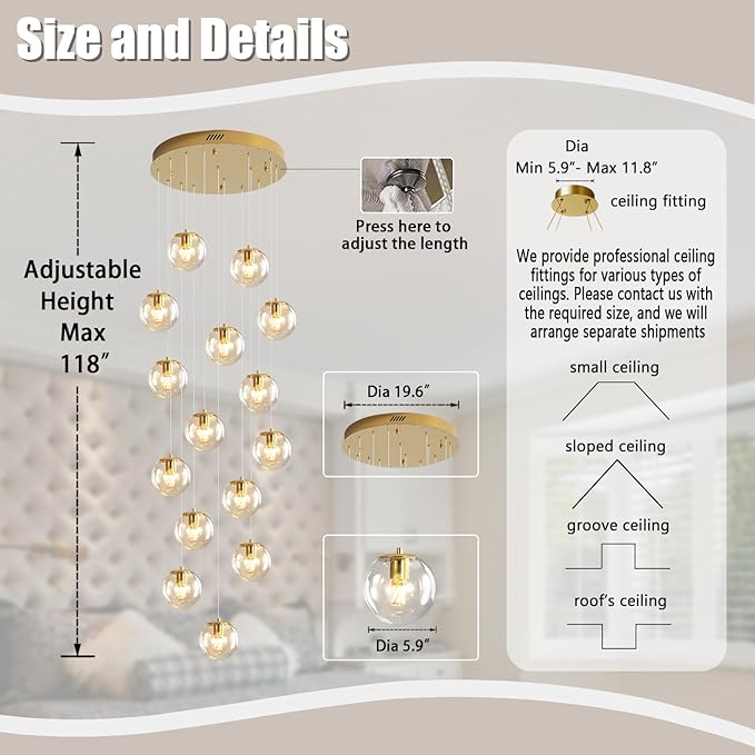 15-Light Gold Chandelier with Globe Glass Dimmable Ceiling Light Glass Pendant Light for Kitchen Island, Dining Room, Living Room, Entry Hallway, LED Bulbs Included
