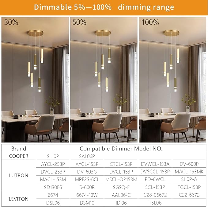5-Light Modern Pendant Light Kitchen Island Light Fixture Dimmable LED Gold Mini Pendant Lights Dinning Room Kitchen Chrome Pendant Lighting