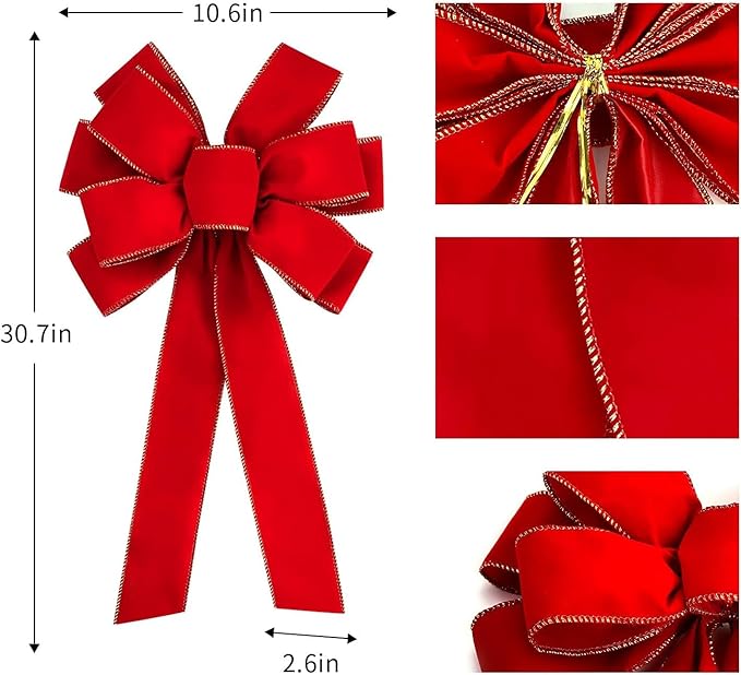 Iceyyyy 2 Pcs Large Christmas Bow-30.7" x 10.6" Christmas Golden Edged Red Velvet Bow-Christmas Tree Topper Ornament Bow for Xmas Home Wreath Decoration