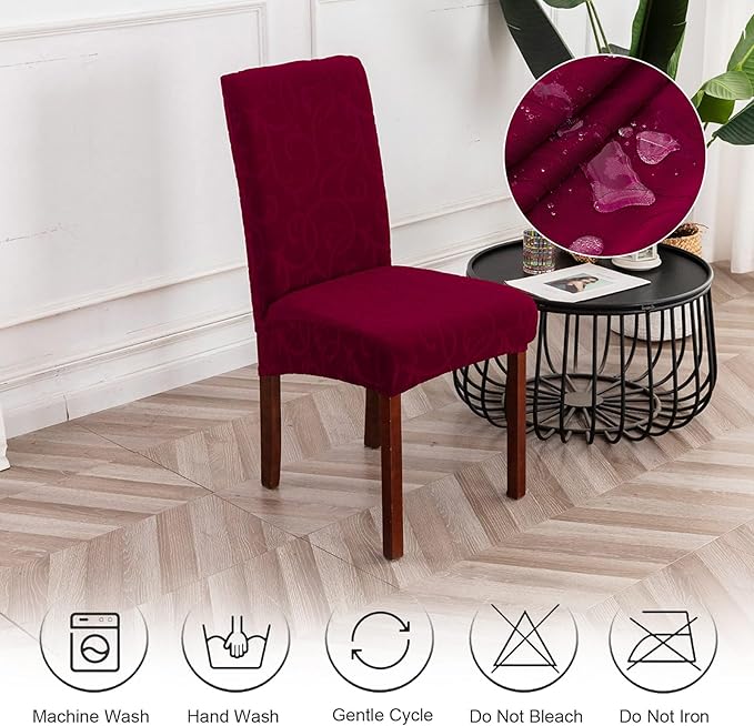Genina Waterproof Dining Room Chair Covers Stretch Parsons Chair Slipcovers for Dining Room Kitchen Chair Protector Cover, Removable, Washable (4 Large, Flower Pattern-Wine Red)
