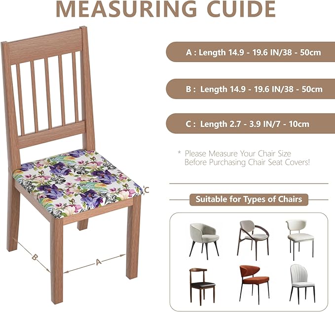 Stretch Dining Chair Seat Covers Set of 8,Dining Chair Slipcovers, Floral Printed Chair Covers,Soft Fabric Washable Upholstered Chair Seat Protector, No Rear Covers for Home Kitchen Dining Room