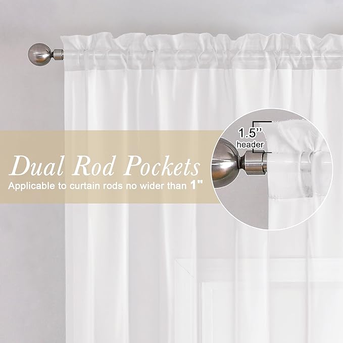 Lecloud White Sheer Curtains 54 Inch Length 2 Panels, Voile Bedroom Curtains for Windows, Airy Lightweight Dual Rod Pocket Curtain Drapes Window Treatments, Each Panel 42 X 54 Inch