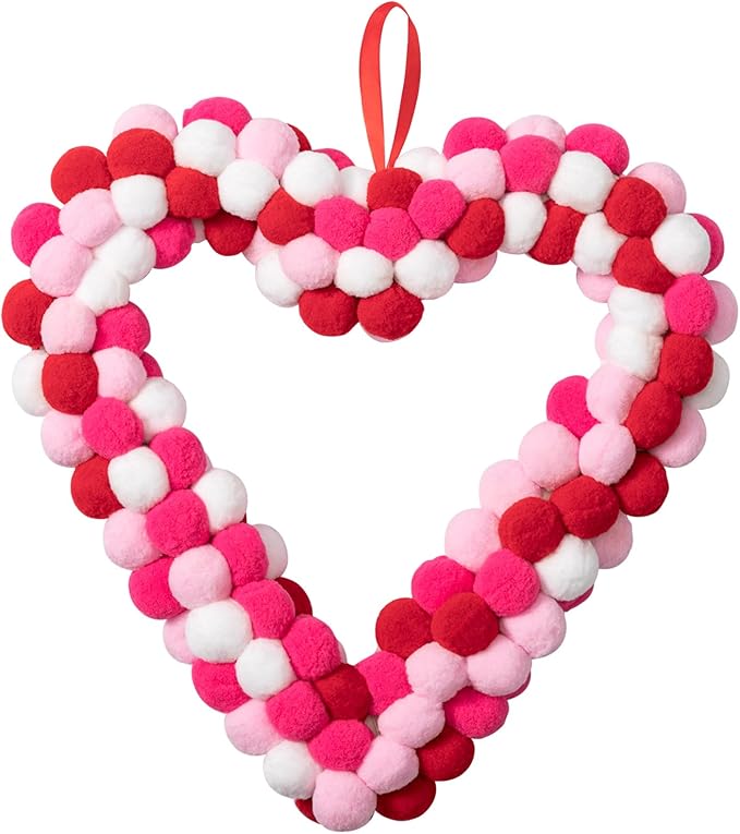 Valentine's Day Heart Felt Pom Pom Wreath, 13" Wool Felt Ball Heart-Shaped Valentines Door Wreath, Pink Felt Heart Wreaths for Valentine Decor, Pompom Valentine Wreaths for Wedding Holiday Anniversary