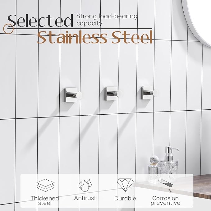 KOKOSIRI Hooks for Hanging Towels Chrome Bathroom Hand Towel Hooks for Shower Wall Bathroom Hardware Accessories Stainless Steel 3 Pack, B1016CH-P3