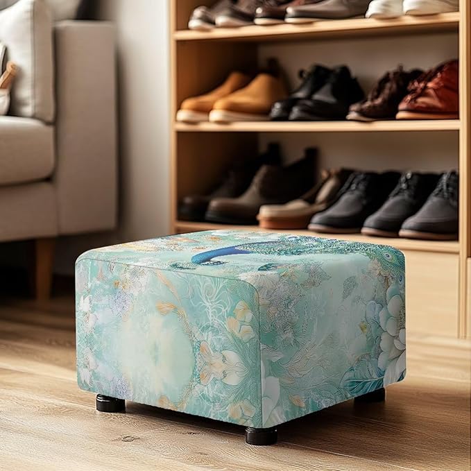 Small Ottoman Cover, Peacock Rectangle Chair Cover Polyester Spandex Furniture Protector with Elastic Bottom Foot Stool Slipcover for Country Living Room Decor