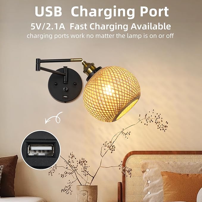 Rattan Plug in Wall Sconce Hand-Woven Rattan Swing Arm Wall Lamp with USB Port and Dimmer Switch Black Vintage Wall Light Fixtures Suitable for Bedroom Living Room.