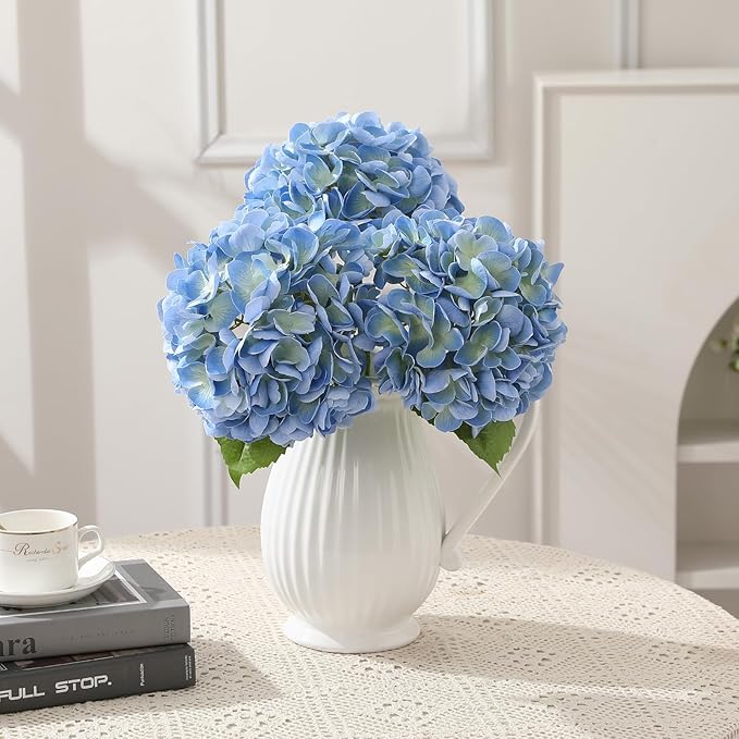 JUSTOYOU 3 Pcs Real Touch Hydrangea Artificial Flowers 22.8" Lifelike Latex Blue Hydrangeas Fake Hydrangeas for Home Decor Party Wedding Bouquets Table Centerpieces Floral Arrangements Indoor Decor