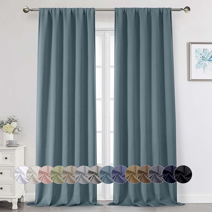 Stone Blue Blackout Curtains for Bedroom Living Room 96 Inches Long 2 Panels, Soft Solid Room Darkening Thermal Insulated Window Treatments, Rod Pocket Curtain, 50" Wx96 L
