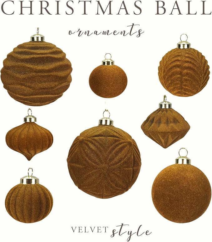 42PCS Gold Brown Velvet Christmas Ball Ornaments, Flocked Vintage Rustic Farmhouse Baubles in Assorted Sizes for Xmas Tree Decorations, Hanging Ornaments for Home, Party & Wedding Décor (Golden Brown)