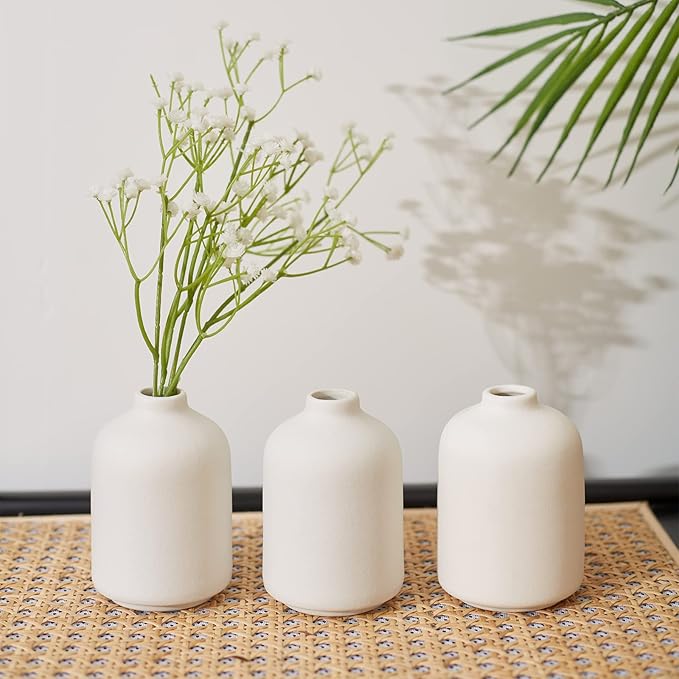 Small White Ceramic Vases Set 6 for Decor, Boho Bud Vases for Dry Flower, 4.1''H x 3''W White Ceramic Vases for Centerpieces, House Plants, Wedding, Home, Modern, Minimalist