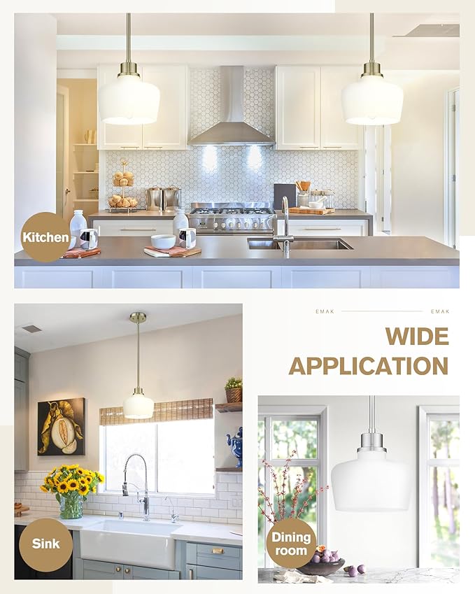 Emak Pendant Lights Kitchen Island with Milk Glass Shade, Modern 8 Inch Brushed Nickel Pendant Light Hanging Lights for Kitchen Island, Dining Room, Bathroom, Bedroom, PL122-BN-ML