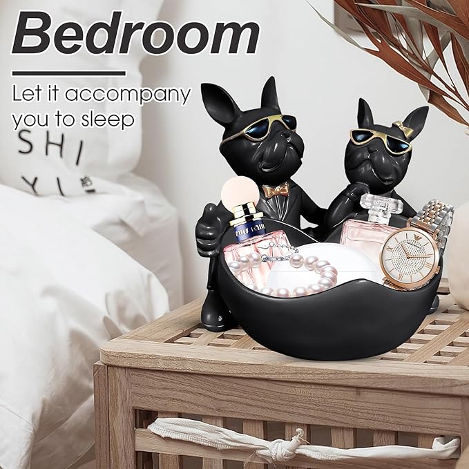 Bulldog Candy Bowl Decor,Heart-shaped Key Holder Bowl Candy Dish, Bulldog Lovers Accessories, Resin Bulldog Statue for Office Desk Home Decor Figurines Entryway Table Decor（Black）