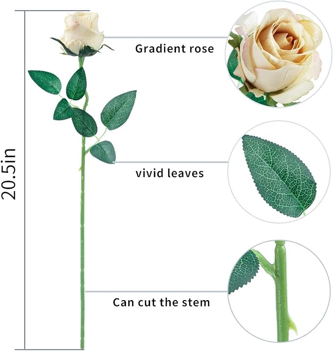 Flojery 10pcs Artificial Rose Flowers Long Stem Fake Silk Roses for DIY Wedding Bouquet Table Centerpiece Home Decor,Champagne