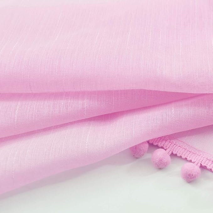 Treatmentex Pom-Pom Sheer Curtains for Girl's Room Linen Textured Pink Sheer Window Drapes for Bedroom 52" w x 63" L, 2Panels, Red, Rod Pocket