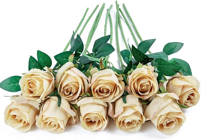 Flojery 10pcs Artificial Rose Flowers Long Stem Fake Silk Roses for DIY Wedding Bouquet Table Centerpiece Home Decor,Champagne