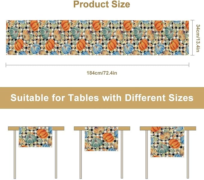 Fall Pumpkin Table Runner Black White Plaid Maple Leaves Watercolor Illustration Rustic Thanksgiving Home Decor for Farmhouse Indoor Outdoor Party Holiday Dining Kitchen Restaurant Cafe W13xL108in