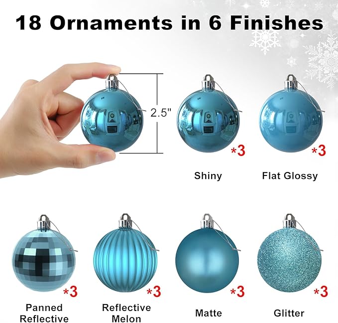 GameXcel 18Pcs Christmas Balls Ornaments for Xmas Tree - Shatterproof Christmas Tree Decorations Medium Hanging Ball Sky Blue 2.5in x 18 Pack