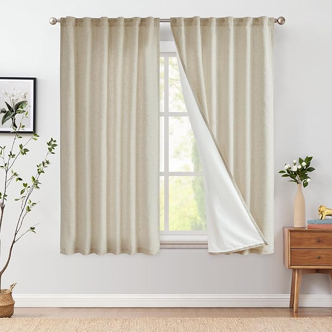 jinchan Oat Linen Blend Curtains for Bedroom 63 Inch Length 2 Panels Curtains for Kichen Room, 50 Inch Wide Farmhouse Drapes with Rod Pocket Back Tab(50W x 63L, Oat)