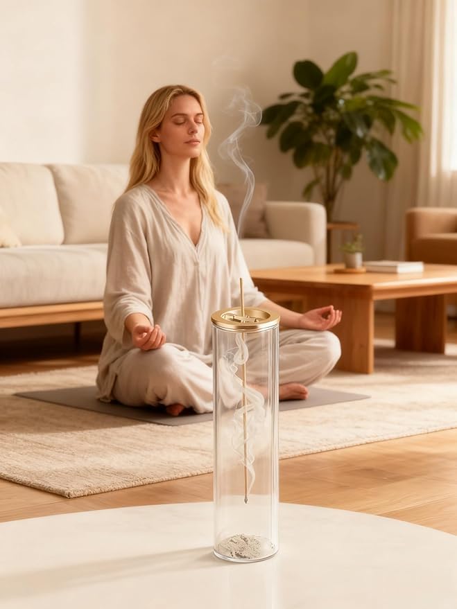 Incense Holder for Sticks [Anti-Ash Flying], Modern Insence-Stick Burner Holder with Removable Glass Ash Catcher, for Home Decor Yoga Meditation