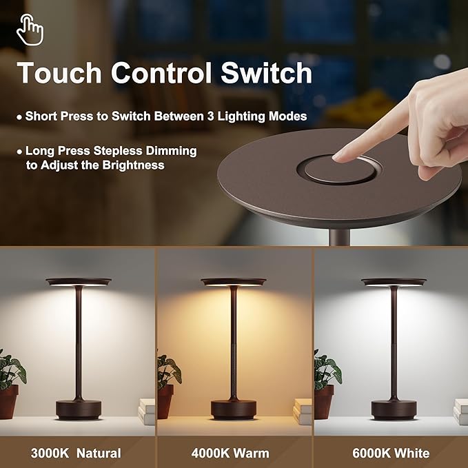 Rechargeable Cordless Table Lamps, 5000mAh Portable LED Table Light, 3 Color Stepless Dimming Battery Powered Metal Table Lamp for Outdoor Patio/Bedroom/Restaurant.(Brown)