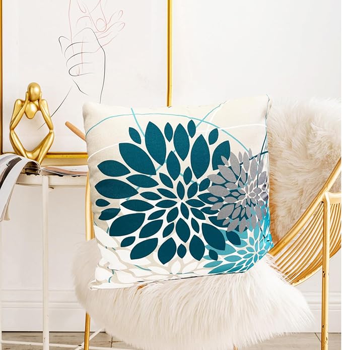 Decorative Throw Pillow Covers Set of 2 Teal Blue Pillow Covers 20x20 inch Linen Square Pillow Cases,Farmhouse Modern Geometric Floral Outdoor Pillow Cover for Couch Sofa Living Room Bedroom