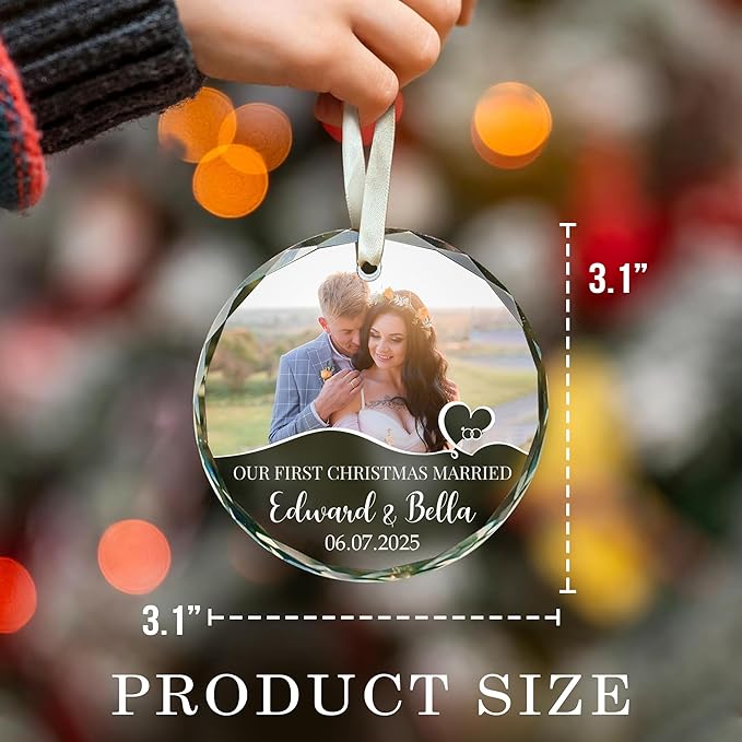 First Christmas Married Ornament 2025 – Custom Mr and Mrs Photo Ornament – Personalized Wedding Gift with Picture Name Date – Couple Glass Keepsake