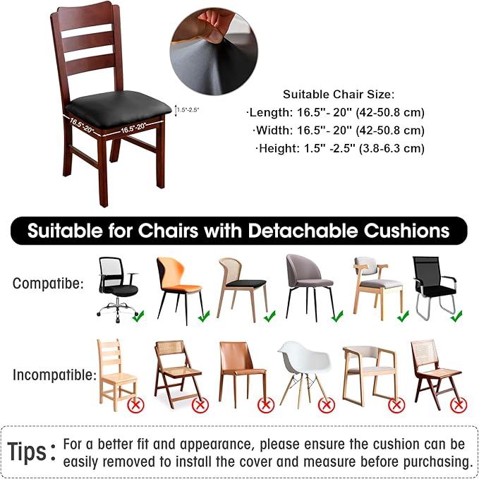 Waterproof PU Leather Seat Covers for Dining Room Chairs Set of 2, Stretch Dining Chair Slipcovers, Kitchen Chair Seat Covers, Non-Slip & Washable (Black)