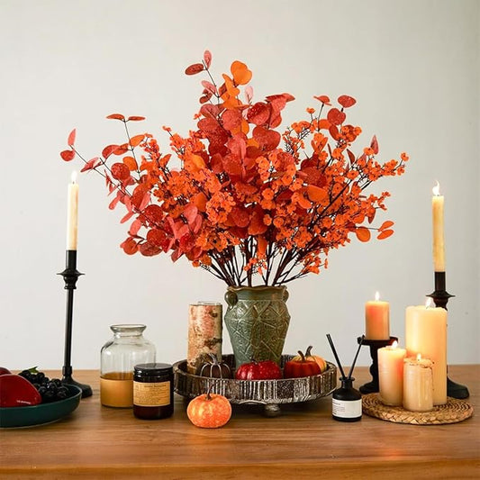 Yastouay Fake Flowers Thanksgiving Table Decor, 10Pcs Orange Thanksgiving Decorations for Table Artificial Flowers, Babys Breath Artificial Flowers Bulk for Fall Decor Floral Arrangement
