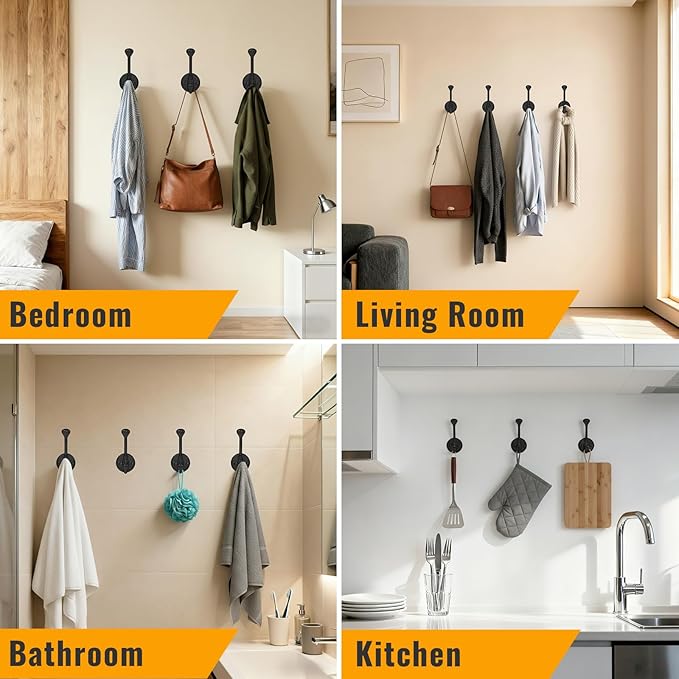 8 Pack Wall Hooks for Hanging, Heavy Duty Coat Hook Wall Mount, Easy to Install Metal Closet Hooks, Apply to Bathrooms, Bedrooms, Living Rooms, Entrances (Black)