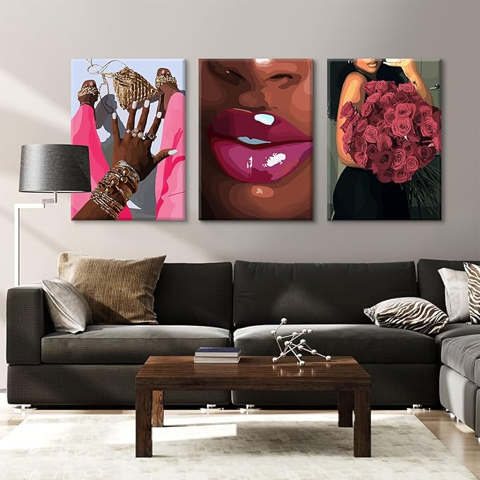 Black Girl Wall Art African Woman Canvas Wall Decor Pink Black Women People Art Fashion Poster African American Girl Picture Abstract Flower Painting for Bedroom Living Room 12x16x3 Inch Ready to Hang