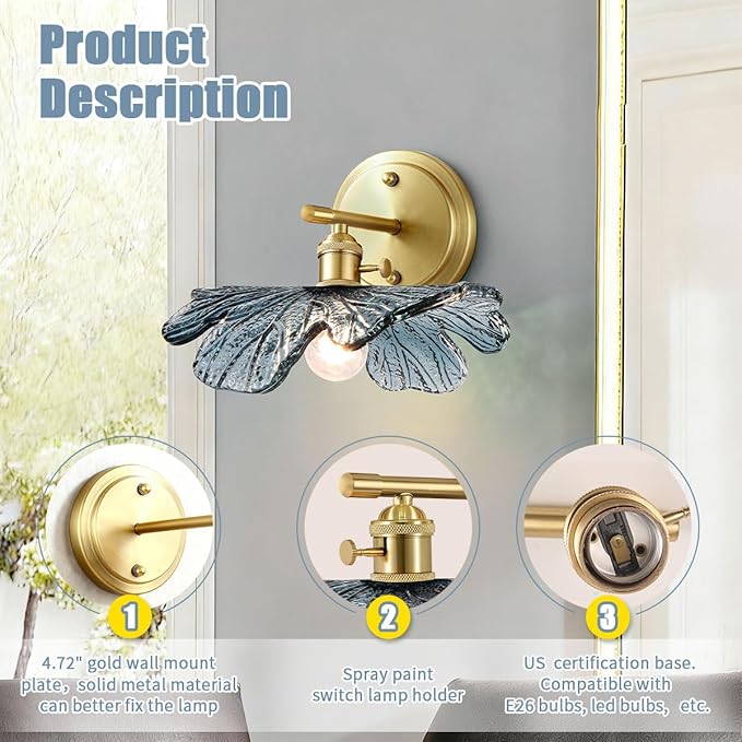 Vintage Bathroom lighting fixtures Gold Bathroom Vanity Light Hand Blown 1-Light Modern Wall Sconce Indoor Wall Light with Blue Glass Shade Mid Century Wall Lighting for Bedroom Hallway Living Room