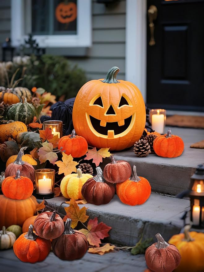 12pcs Fall Pumpkins Decor Set,Artificial Mini Pumpkins for Decorating, Velvet Mixed Color Fall Pumpkin Decorations for Thanksgiving Harvest Table Centerpieces Home Decor(Orange& Brown)