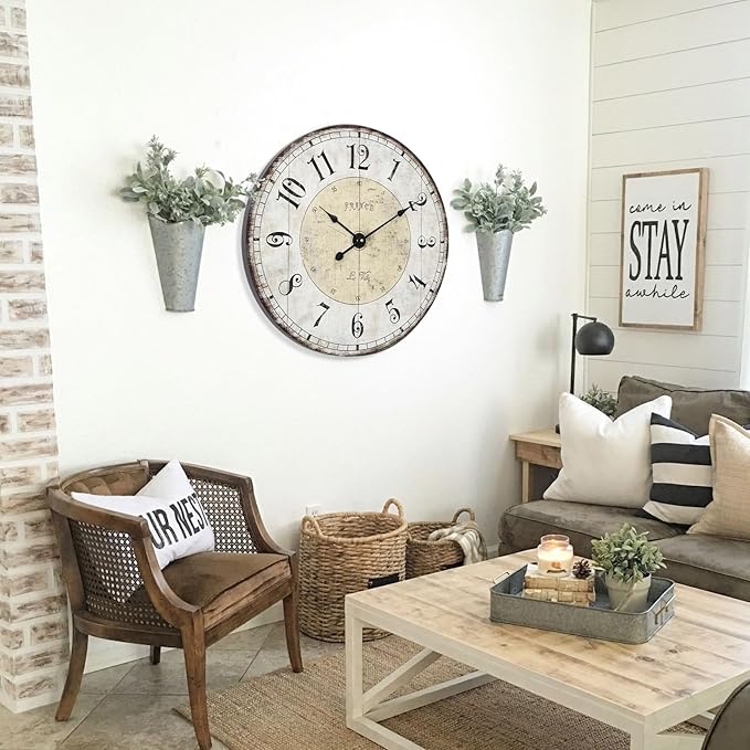 MODE HOME 24 Inch Large Wall Clock, Rustic Round Farmhouse Wall Clocks for Living Room Decor, Silent Non-Ticking Battery Operated Clock with Large Numerals, Vintage Oversized Decorative Wall Clock