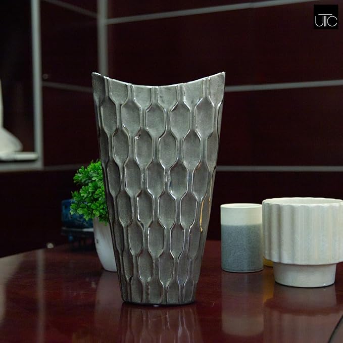 Ceramic Decorative Silver vase, Silver Decor Center Piece for Home Decor Features Honeycomb Design vase for Living Room, Table, Office Decor: 8.00"x3.25"x14.00"H