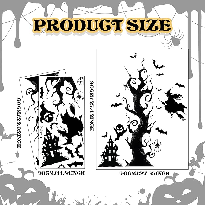 Halloween Wall Decals,Peel and Stick Halloween Theme Decor Stickers,Removable Vinyl Spooky Scary Face Wall Sticker for Holiday Party Decor. (Haunted House Creepy Tree Bats Wall Decals)