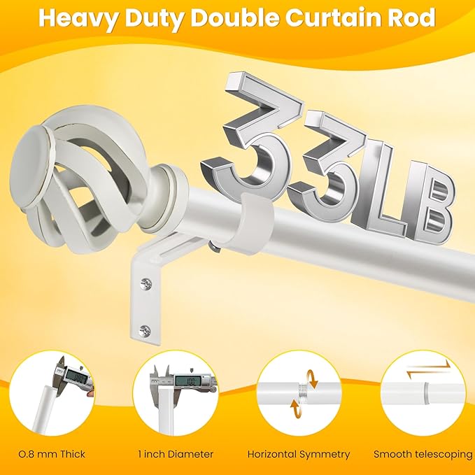 Curtain Rod for Windows 48 to 84 inches: 1 inch Diameter Heavy-duty Adjustable Decorative Curtain Rod, Weathered white Boho Rustic Drapery Rods with Twisted Cage Finials for Bedroom & Living Room