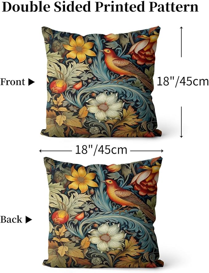 William Morris Pillow Covers 18x18 Inch Vintage Bird Floral Pillow Protectors with Zipper Standard Size Moody Botanical Dark Academia Pillowcases Midcentury Modern Bed Pillow Covers Set of 2
