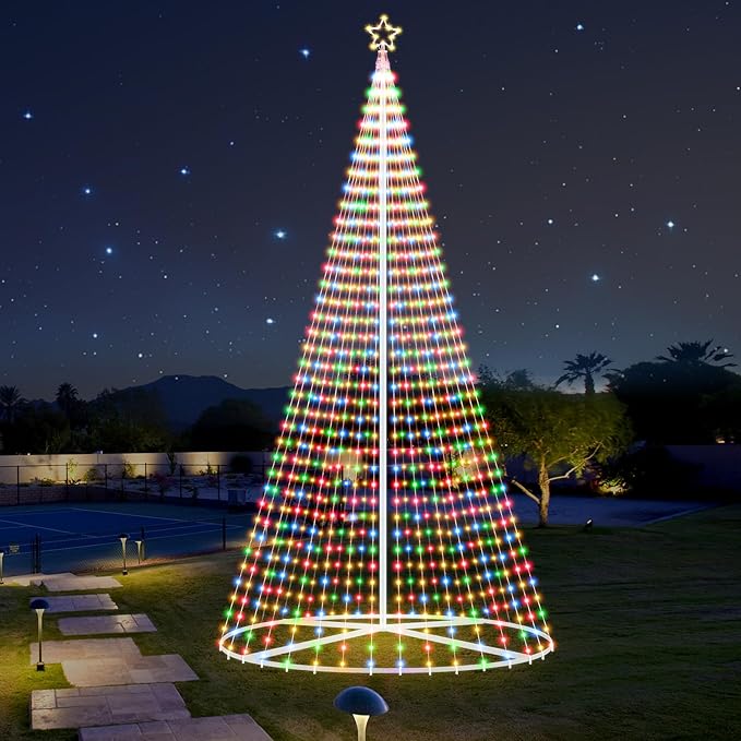 Riakrum 20ft-3199 LED Flagpole Christmas Tree Lights Outdoor Decorations with Star Topper, 8 Lighting Modes Pre-lit LED Flagpole Christmas Lights Multicolor, Outside Yard Holiday Display
