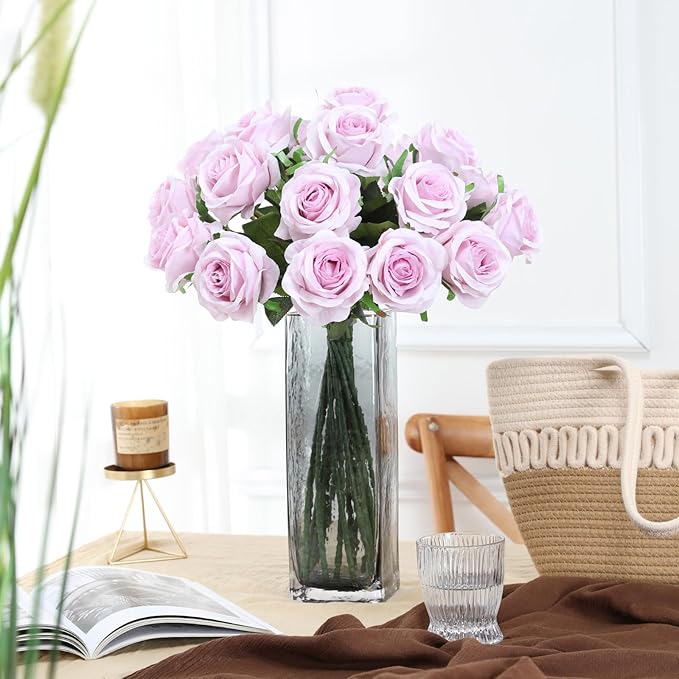 Nubry Artificial Silk Rose Flower Bouquet Lifelike Fake Rose for Wedding Home Party Decoration Event Gift 10pcs (Pale Purple)