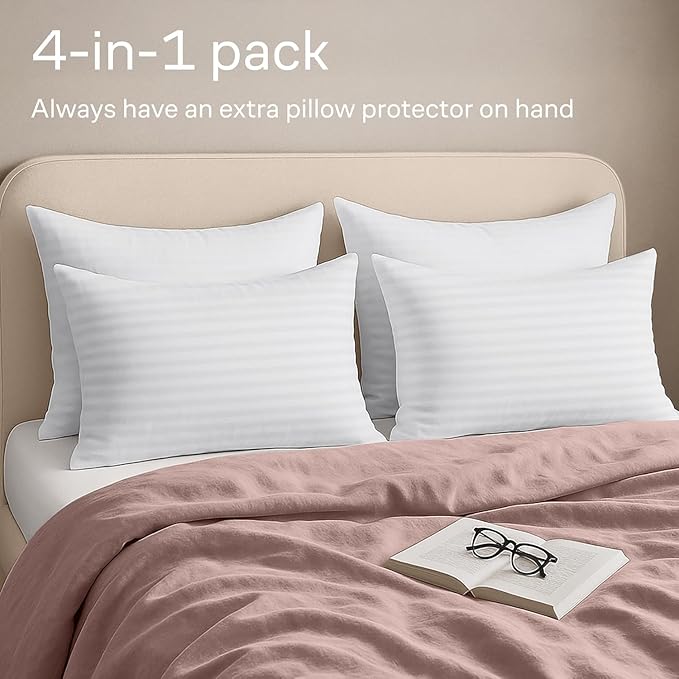 Ultra Soft Pillow Protectors with Zipper King Size - Set of 4 Breathable Pillow Covers - 100% Protection Against Stains, Dust & Dirt - Machine Washable (Dark White)
