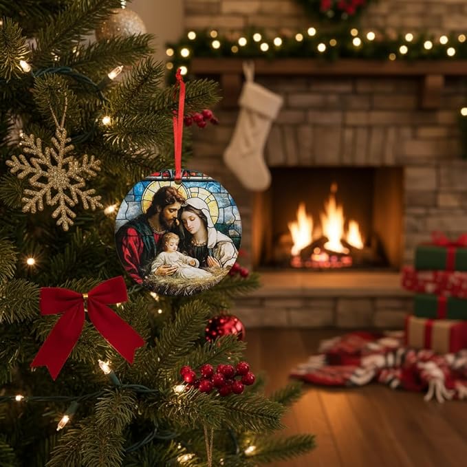 Holy Family Nativity Stained-Glass Style Acrylic Ornament - Traditional Catholic & Christian Christmas Decor, Religious Decorative Hanging Ornaments for Tree