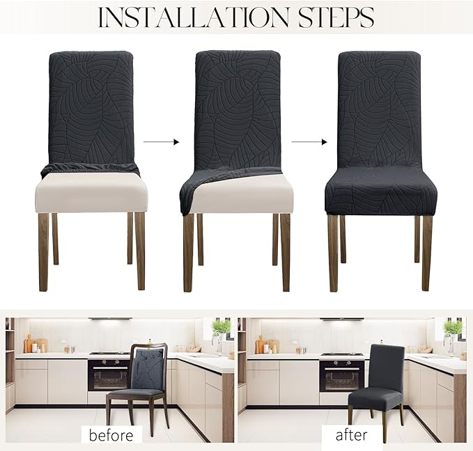 MOSAYT 100% Waterproof Dining Room Chair Covers Set of 4, Super Fit Stretch Jacquard Parson Chairs Slipcovers Removable Washable Chair Seat Protectors for Home, Kitchen, Banquet (Dark Grey - XL)