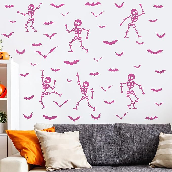 Halloween Wall Decals and Skeleton Window Clings - 6 Sheets 43 Pcs Removable Pink Ghost Bat Wall Stickers for Mirrors, Windows, Home Bedroom Party Decor
